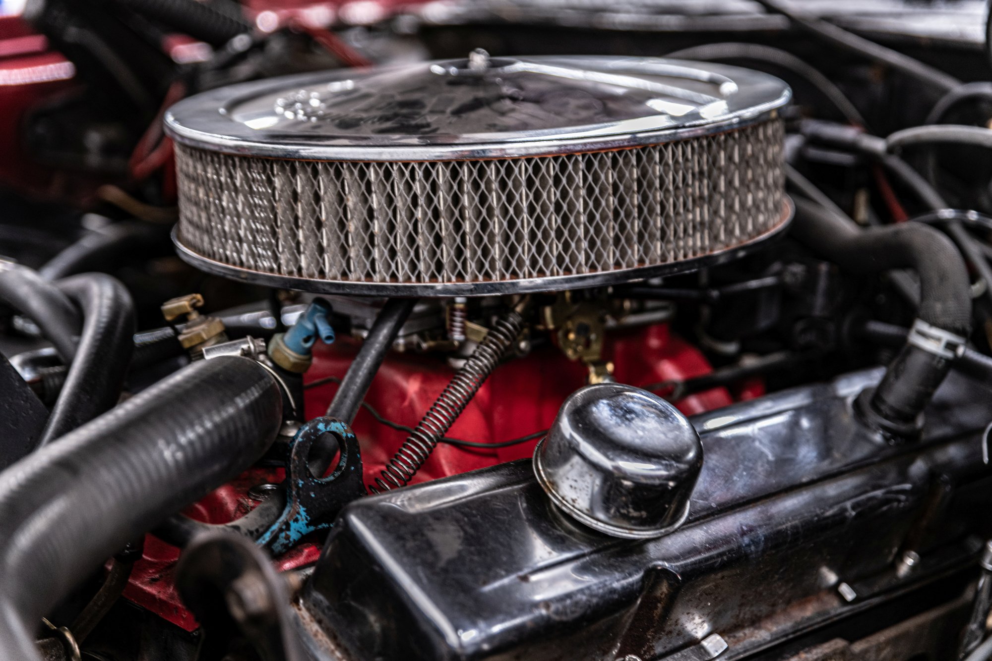 Classic muscle car engine with chrome car air filter